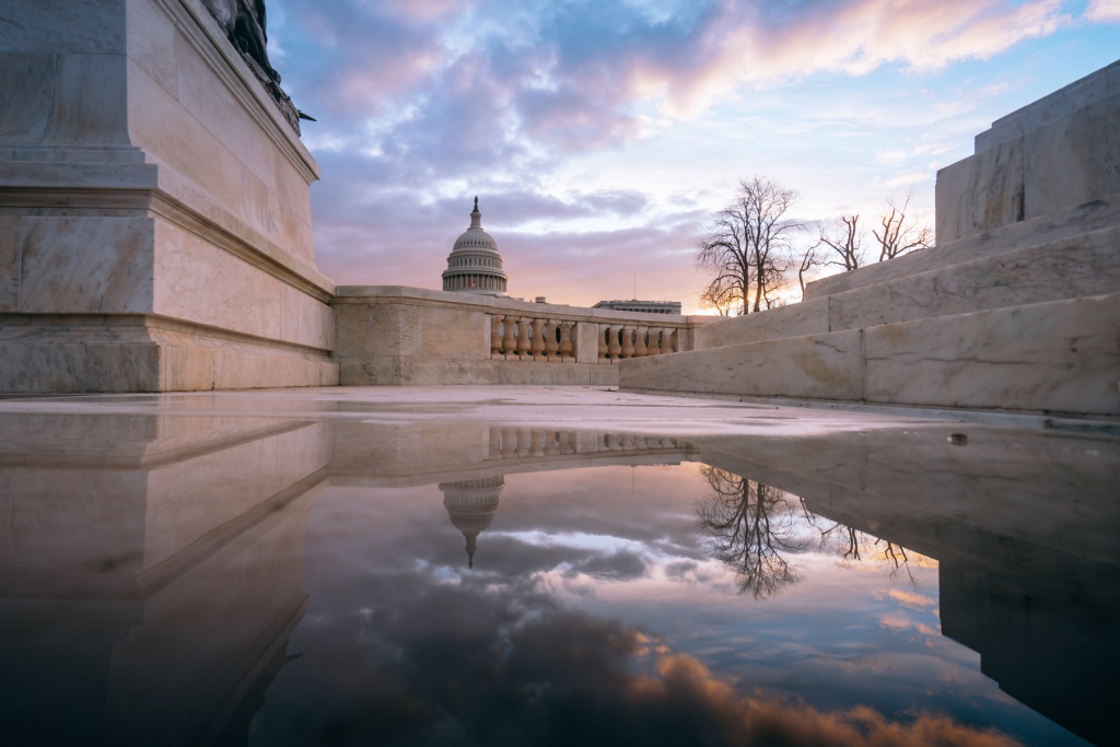 US Capitol, sunrise, capitol dome, united states capitol, washington dc, puddle, Ulysses S Grant Memorial, reflecting pool, national mall, washington dc,