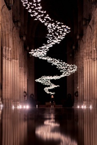 national cathedral, washington dc, les Colombes, doves, origami, paper folding, exhibit, art, reflection,