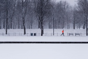 reflecting pool, washington dc, national mall, runner, snow, winter, reflection